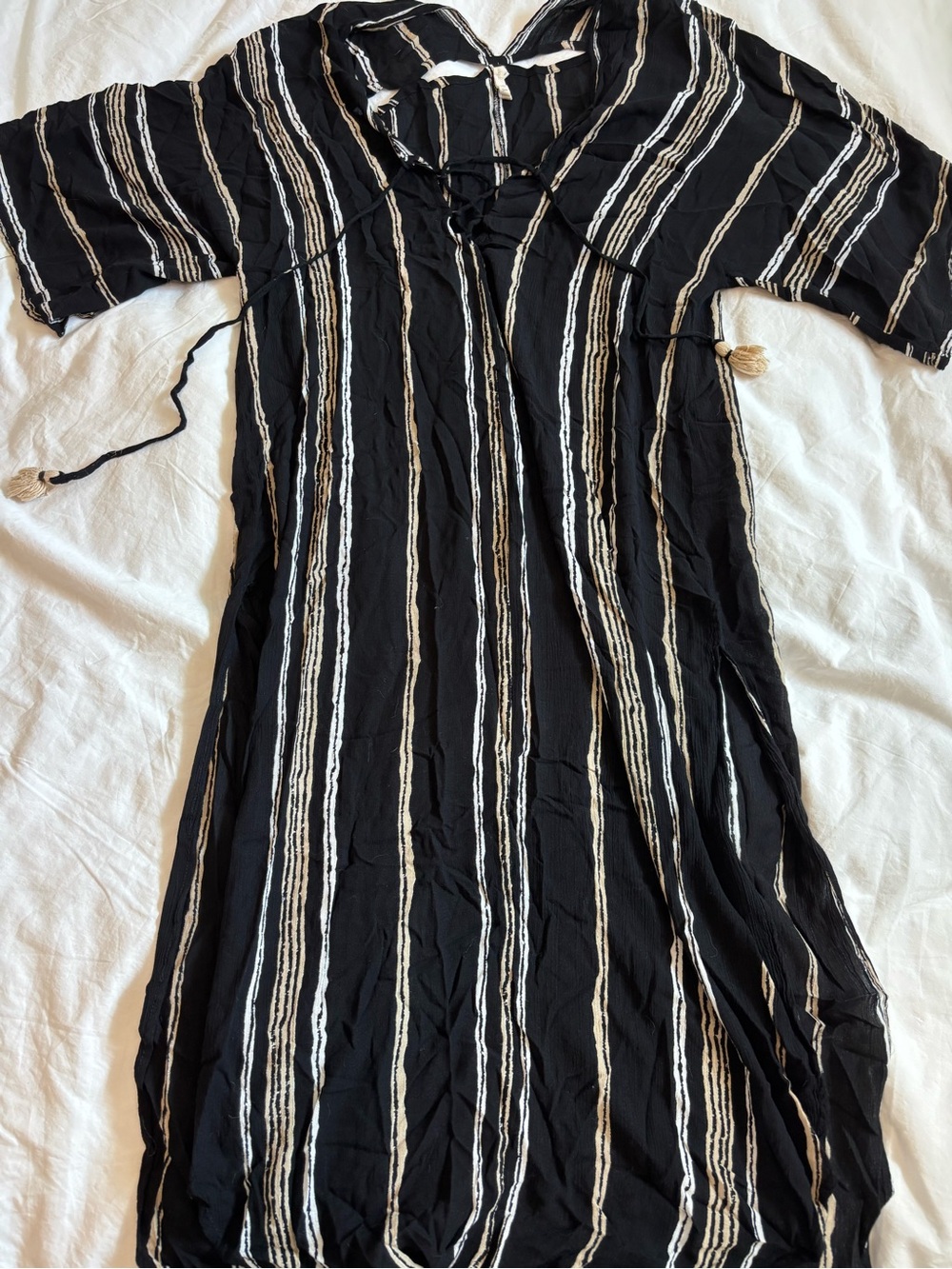 BEACHGOLD Black Midi Dress with Cream & White Stripes